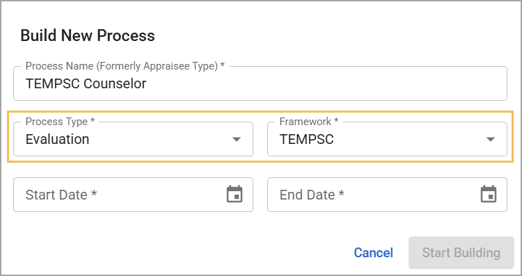 Modal for building a new process with fields for name, type, framework, and dates.